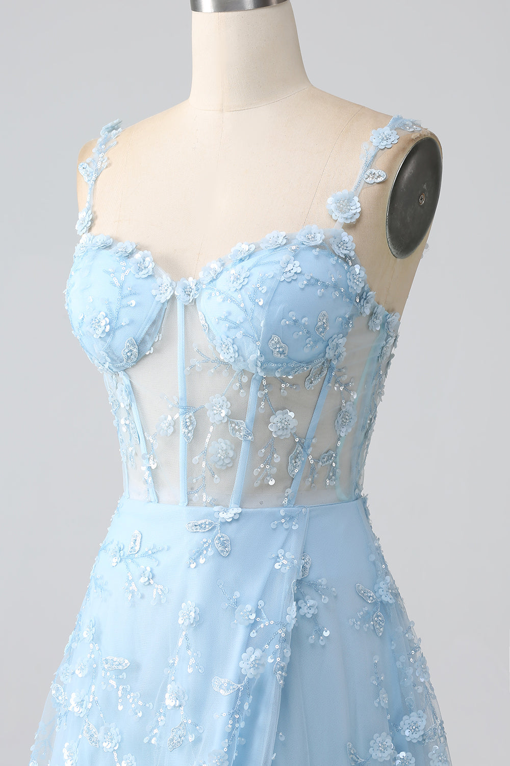 Robe de soirée scintillante bleu ligne A à fines bretelles avec corset à paillettes et fente