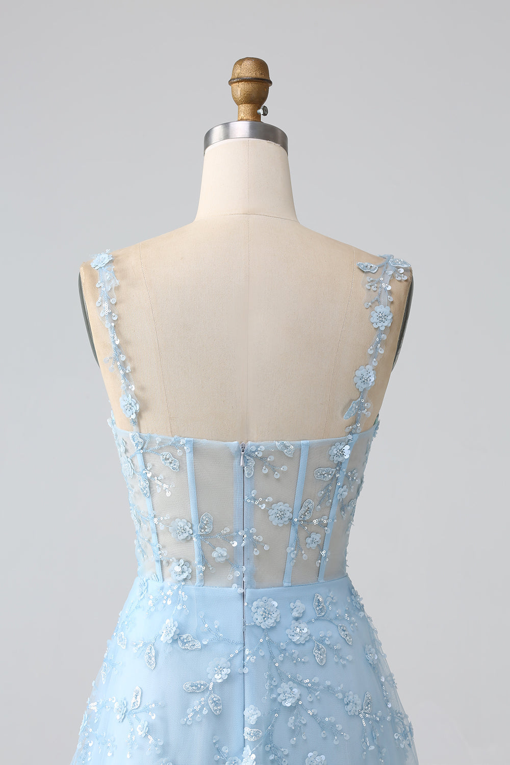 Robe de soirée scintillante bleu ligne A à fines bretelles avec corset à paillettes et fente