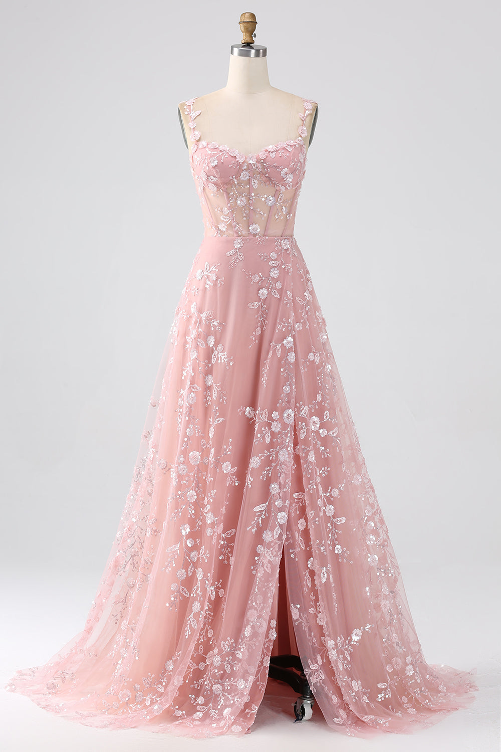 A-line blush spaghetti straps sequin corset prom dress with slit