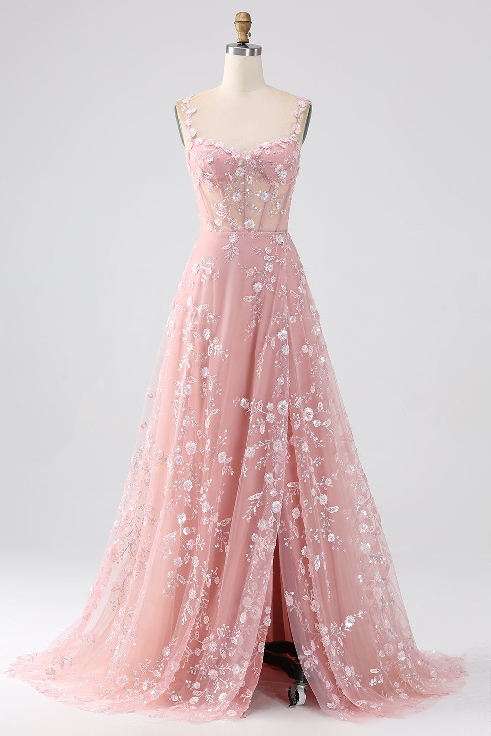 Robe de soirée scintillante bleu ligne A à fines bretelles avec corset à paillettes et fente