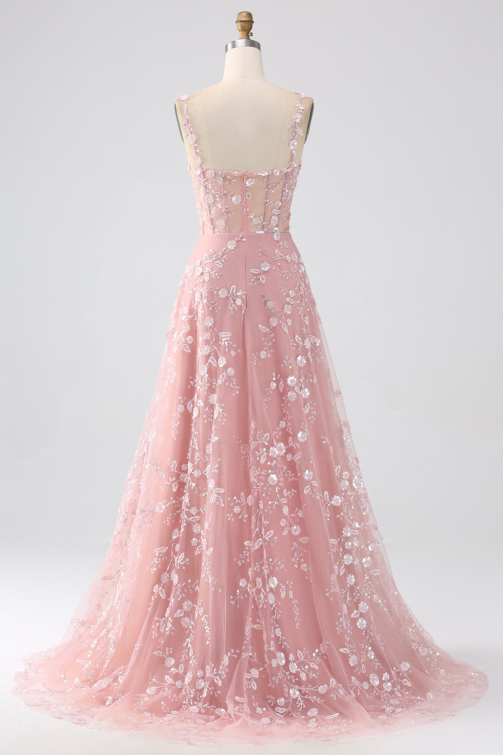 Robe de soirée scintillante bleu ligne A à fines bretelles avec corset à paillettes et fente