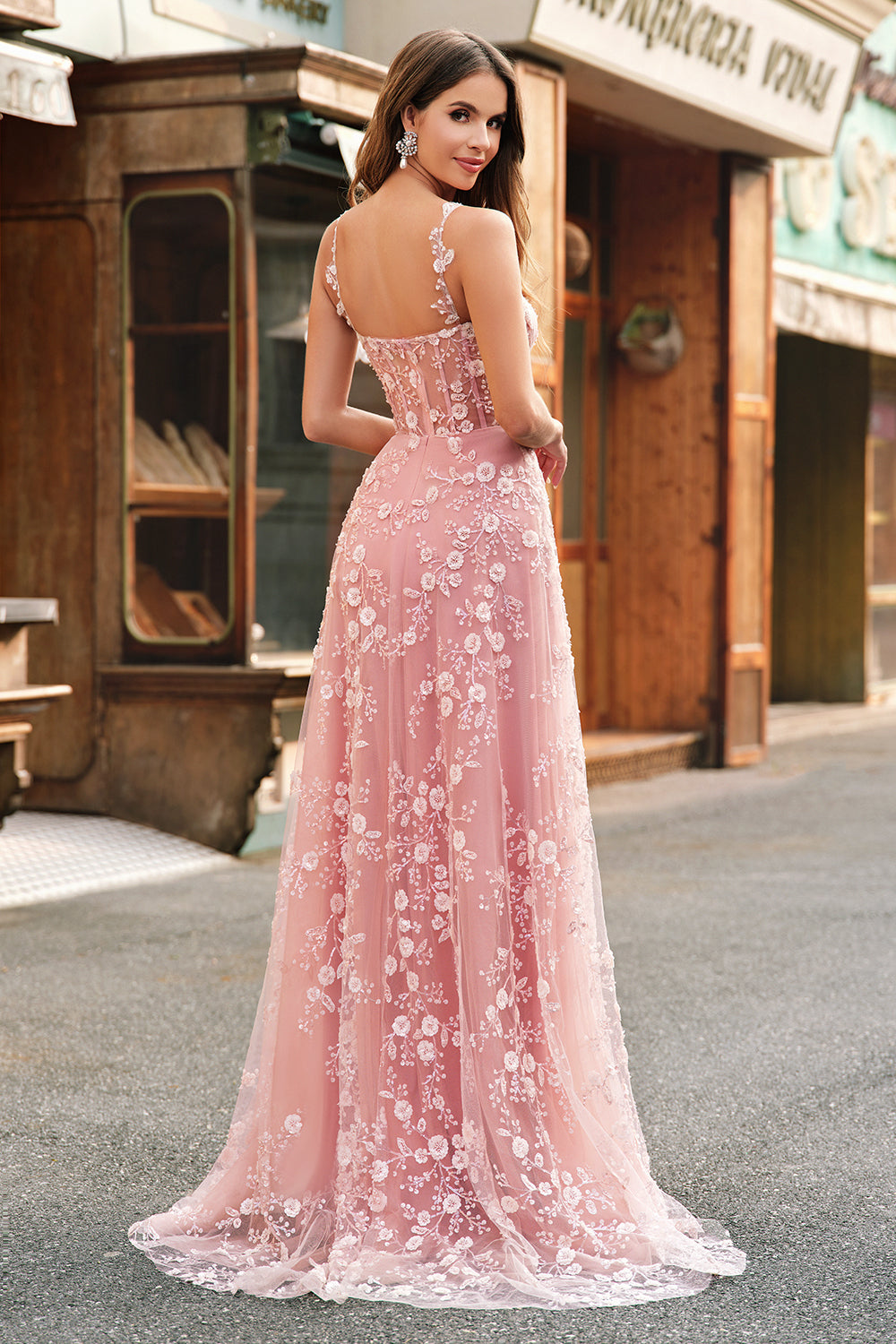 A-line blush spaghetti straps sequin corset prom dress with slit