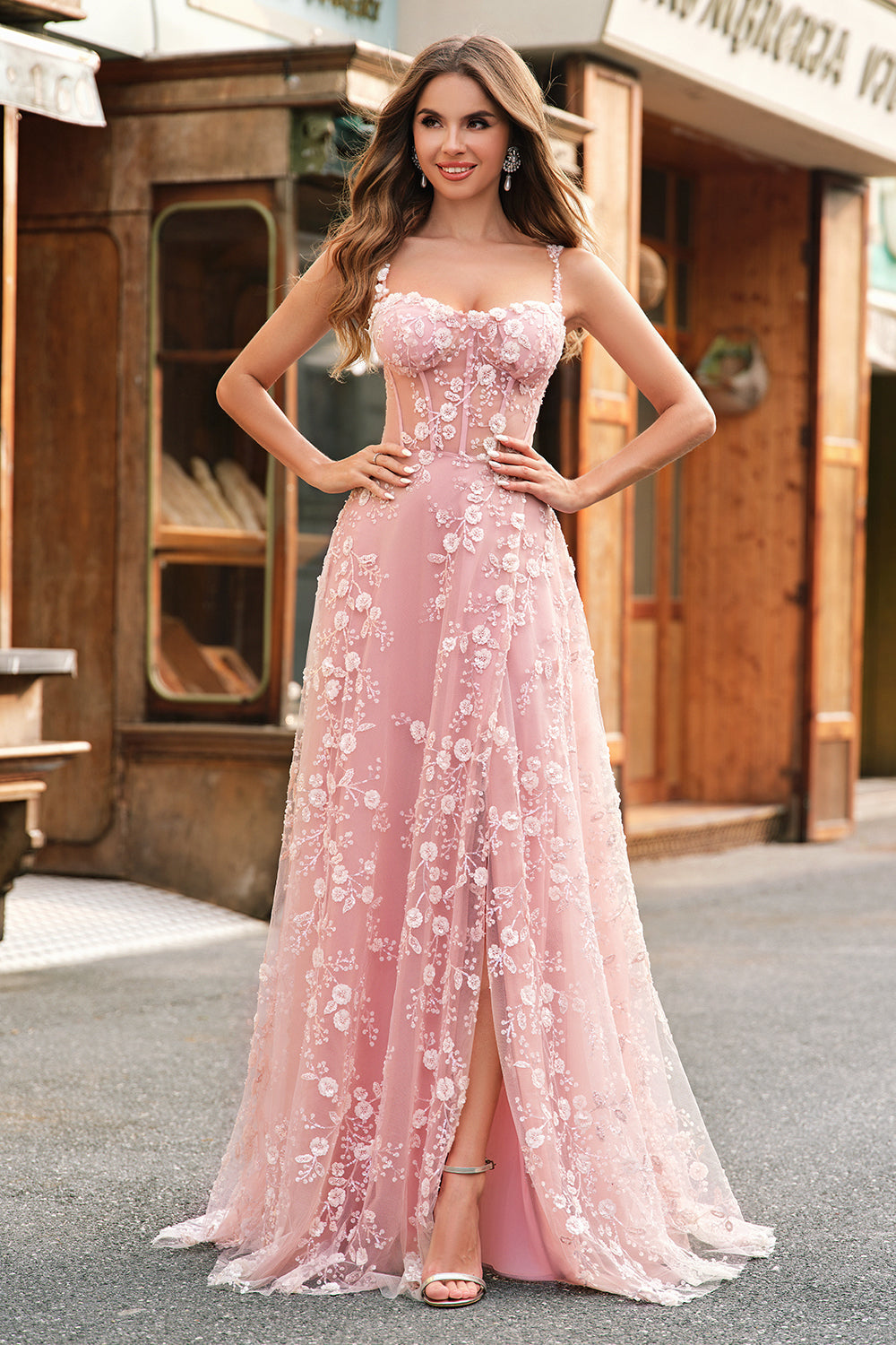 A-line blush spaghetti straps sequin corset prom dress with slit