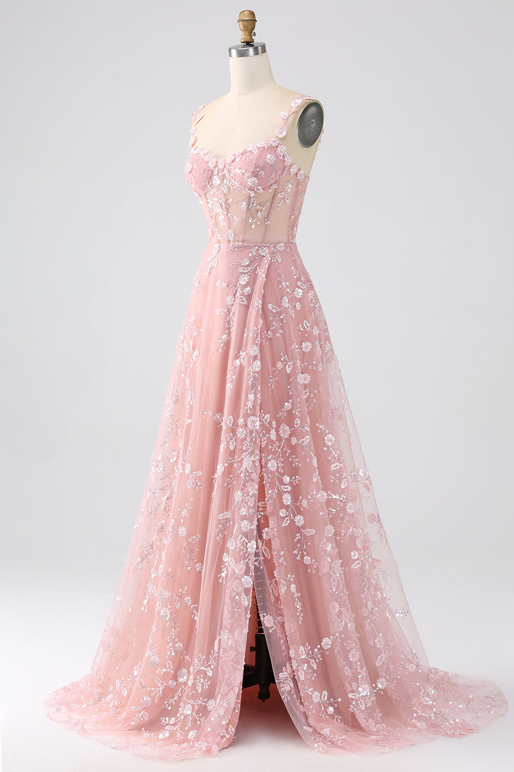 Robe de soirée scintillante bleu ligne A à fines bretelles avec corset à paillettes et fente