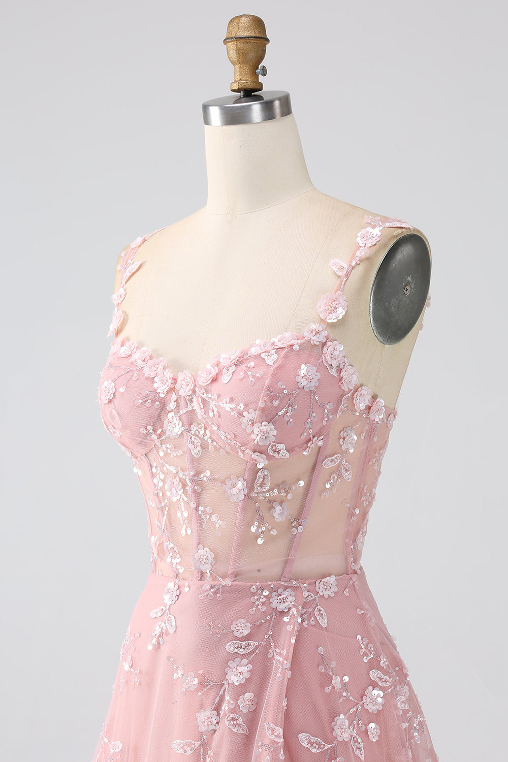 Robe de soirée scintillante bleu ligne A à fines bretelles avec corset à paillettes et fente