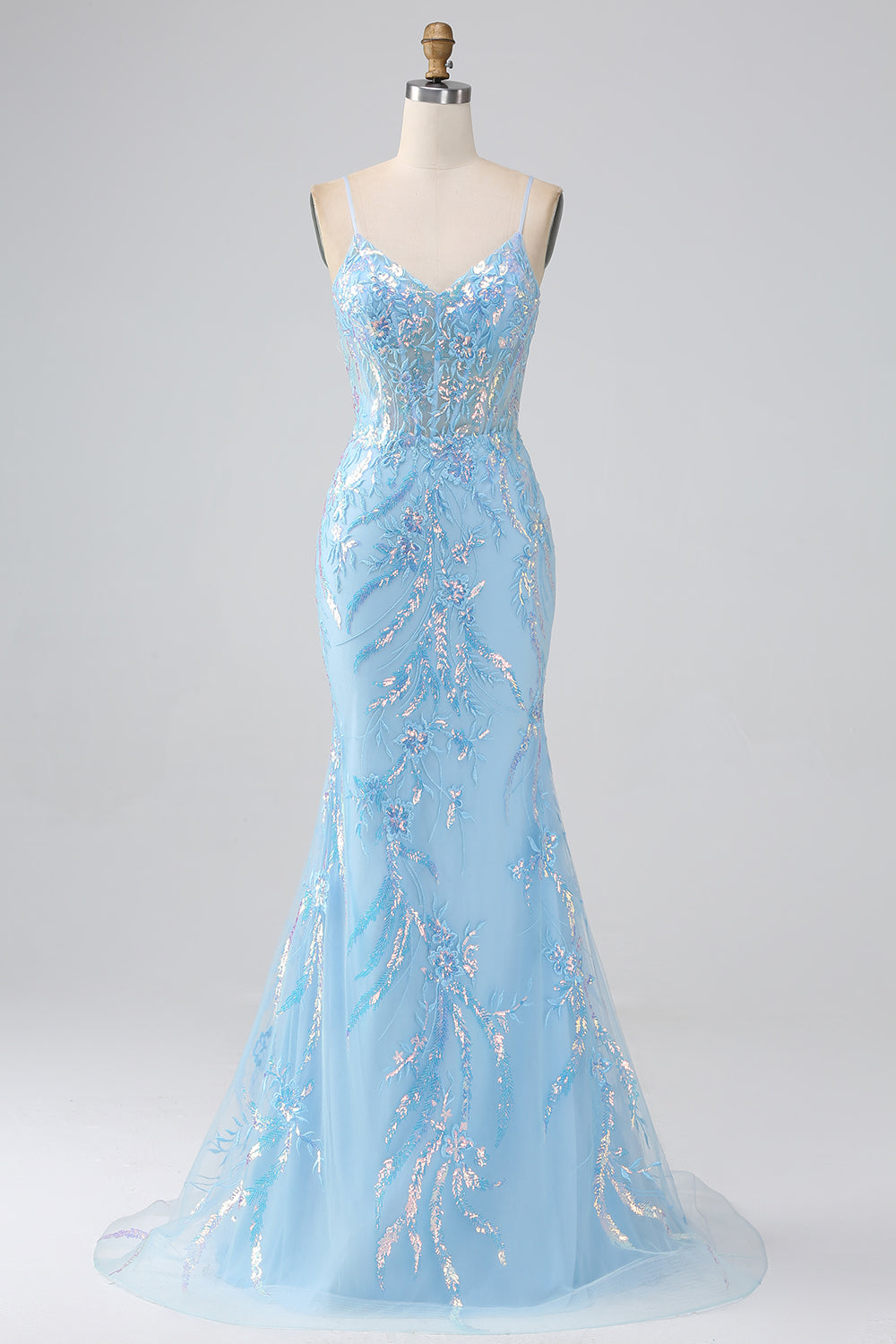 Robe longue de bal bleu clair scintillant coupe sirène à fines bretelles avec perles