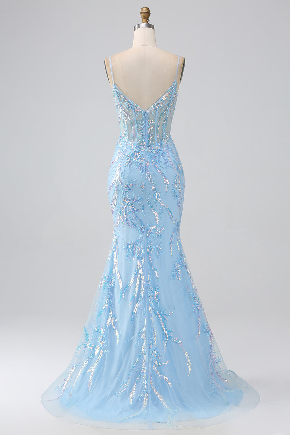 Robe longue de bal bleu clair scintillant coupe sirène à fines bretelles avec perles