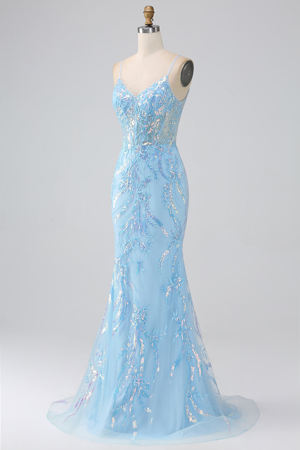 Robe longue de bal bleu clair scintillant coupe sirène à fines bretelles avec perles