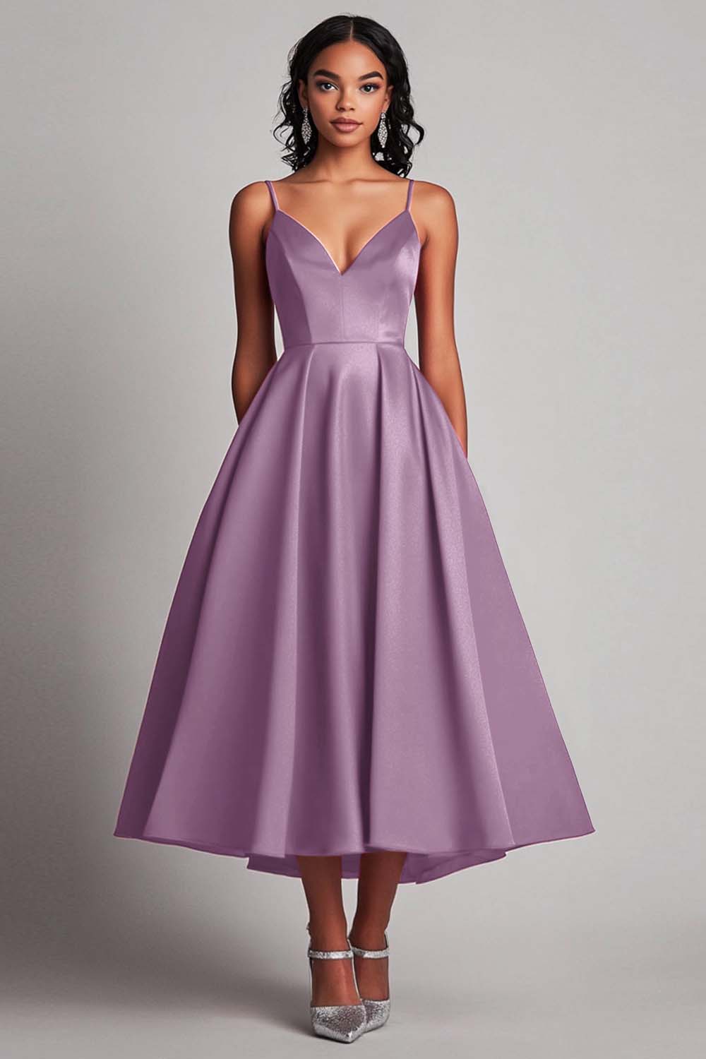 Red Satin A-Line Tea-Length Formal Dress