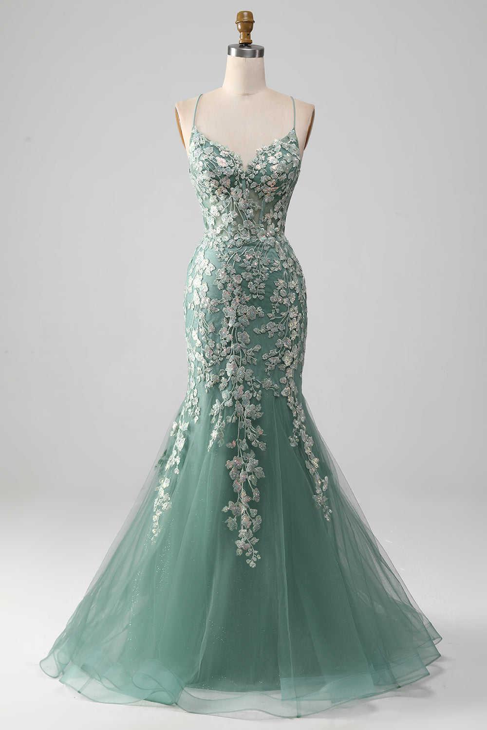 Robe de bal sirène vert clair avec des appliques et dos à lacets