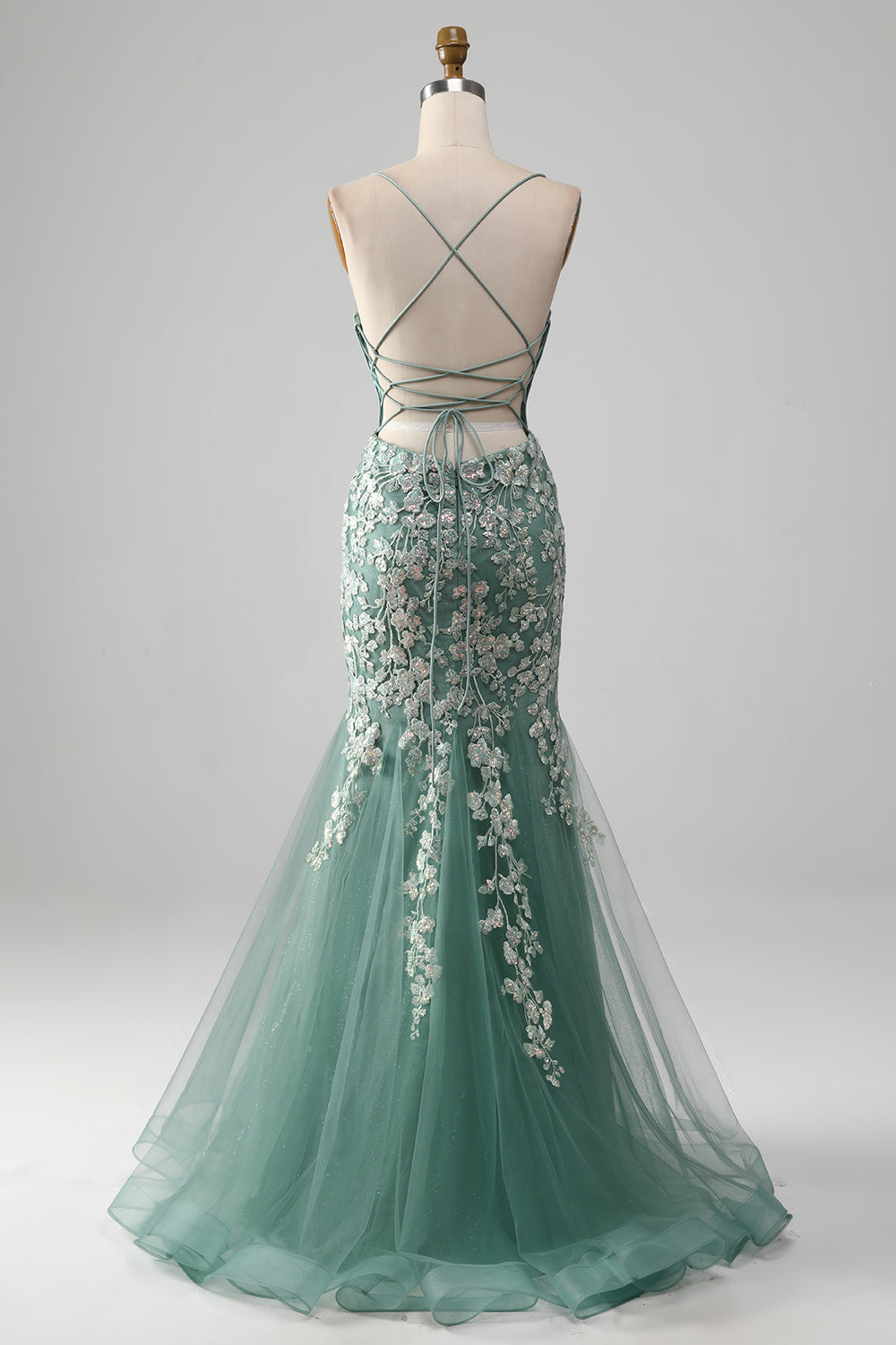 Robe de bal sirène vert clair avec des appliques et dos à lacets