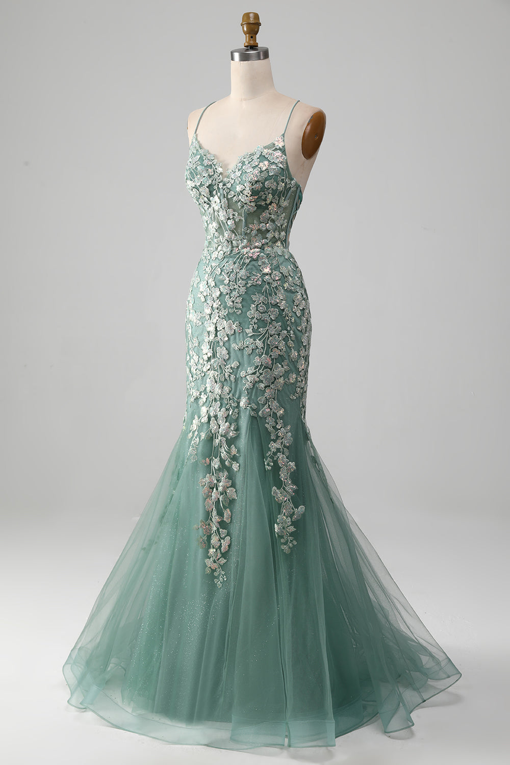 Robe de bal sirène vert clair avec des appliques et dos à lacets