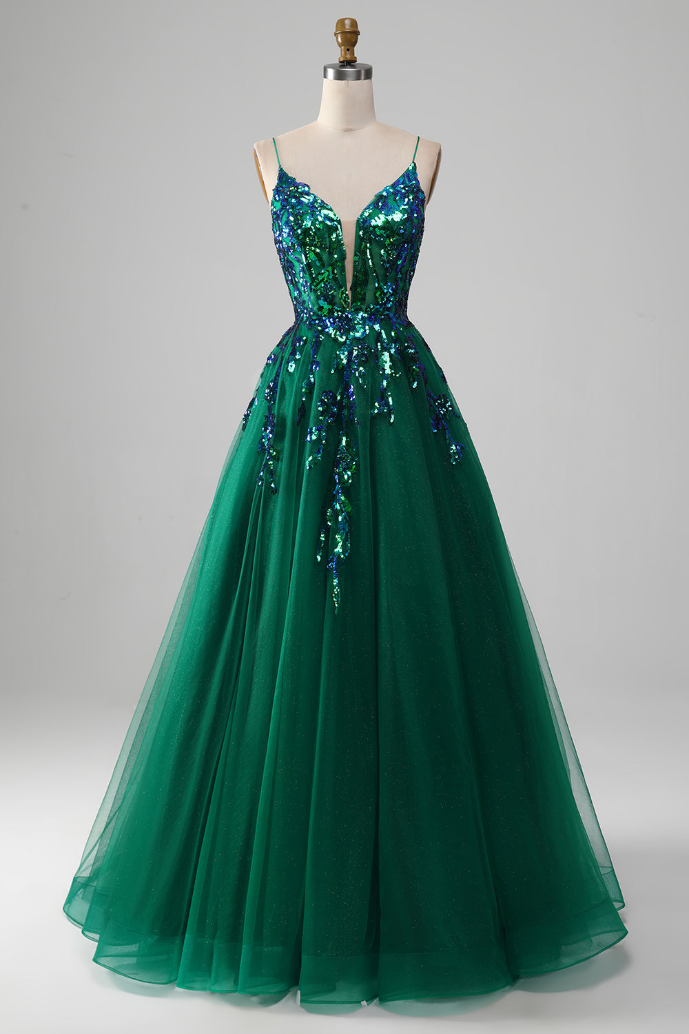 Robe de bal vert foncé en tulle à fines bretelles avec paillettes