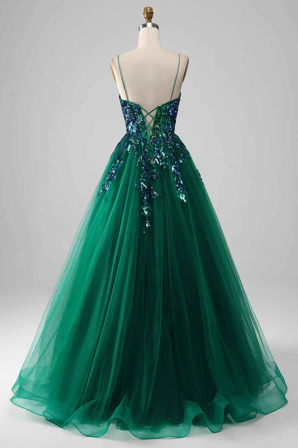 Robe de bal vert foncé en tulle à fines bretelles avec paillettes