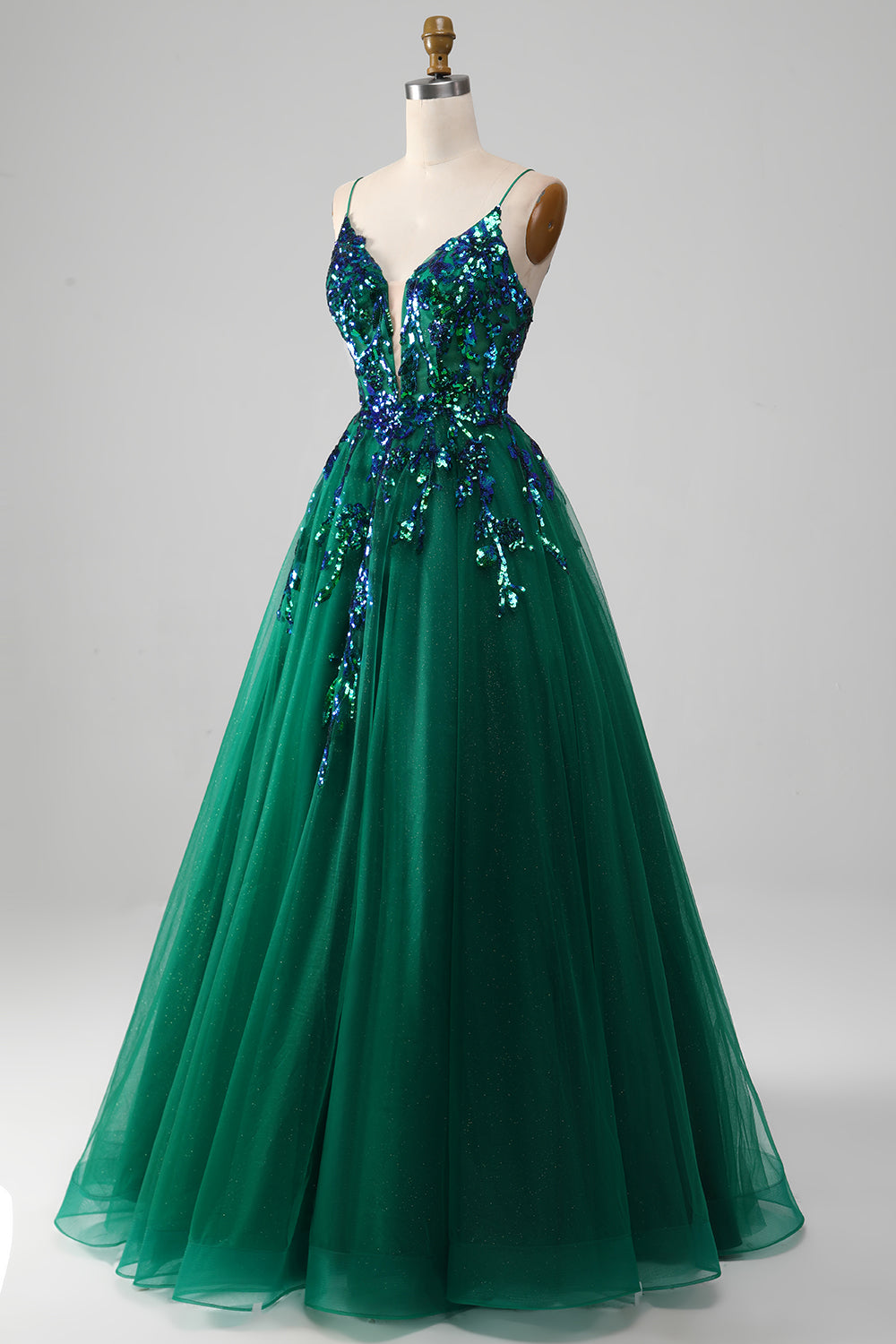 Robe de bal vert foncé en tulle à fines bretelles avec paillettes