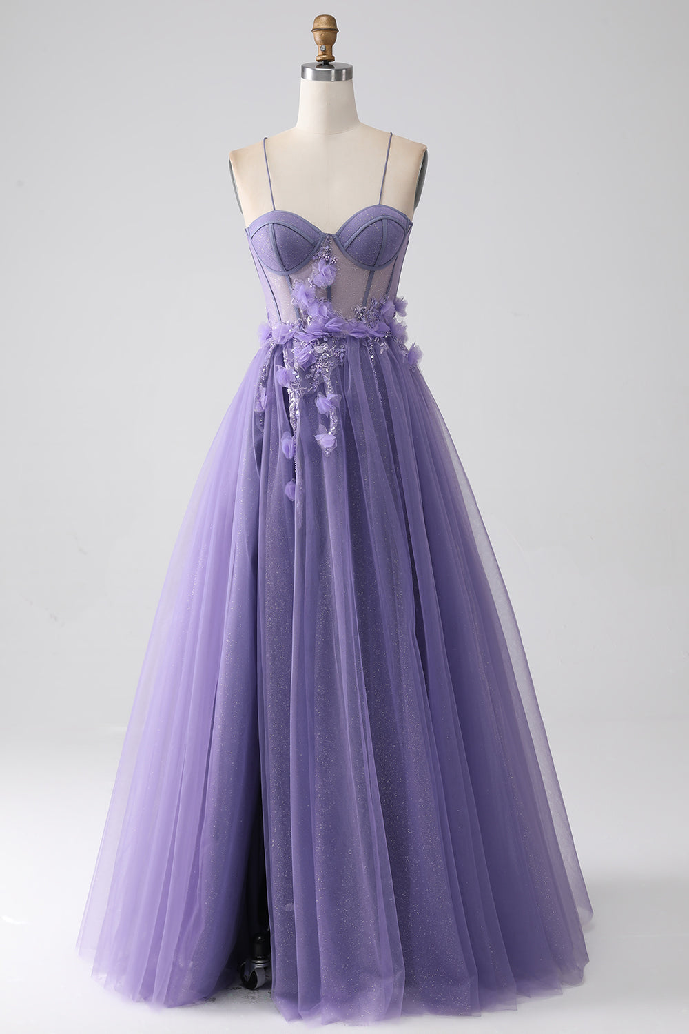 Robe de bal violette trapèze à fines bretelles et corset avec fleurs 3D