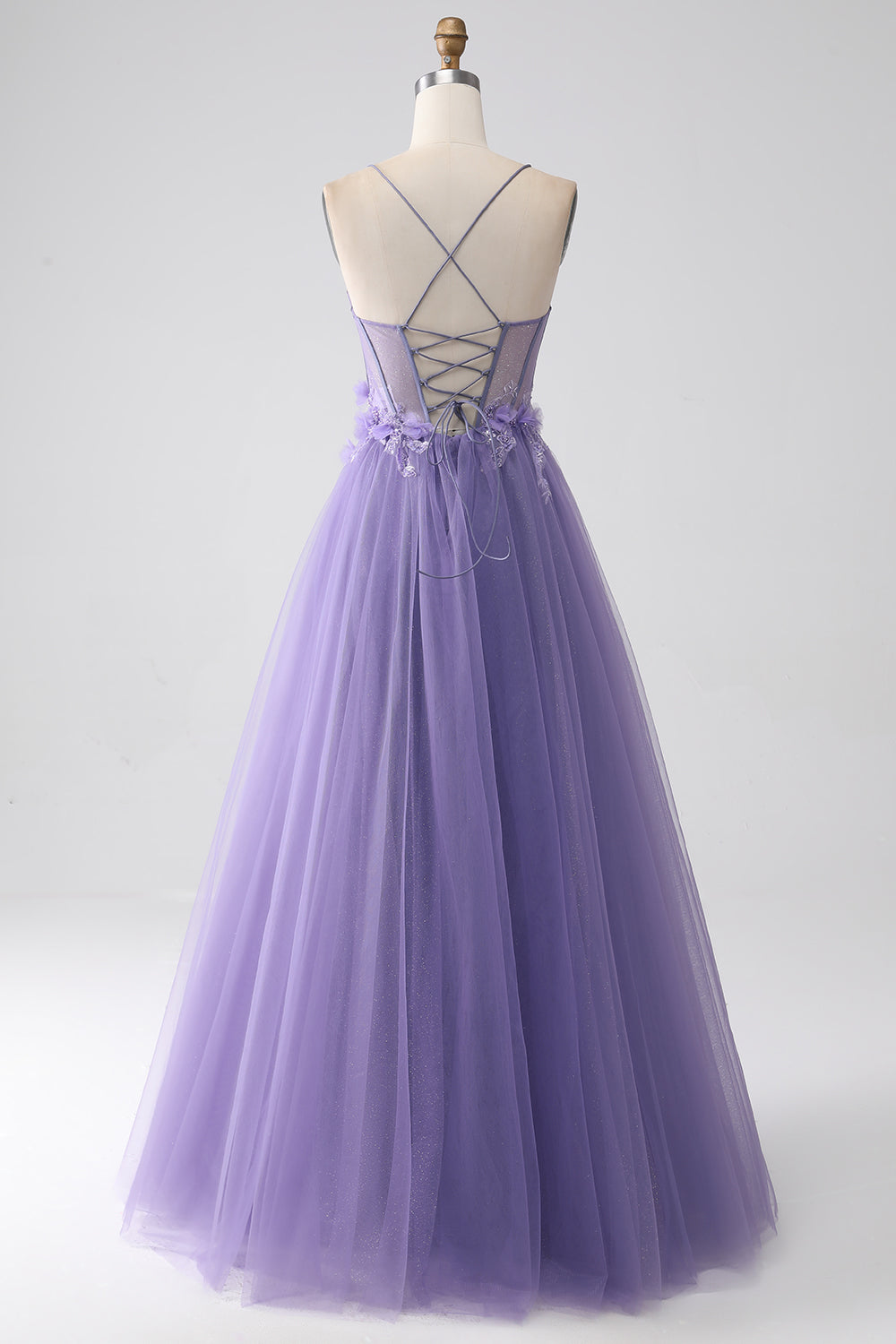 Robe de bal violette trapèze à fines bretelles et corset avec fleurs 3D