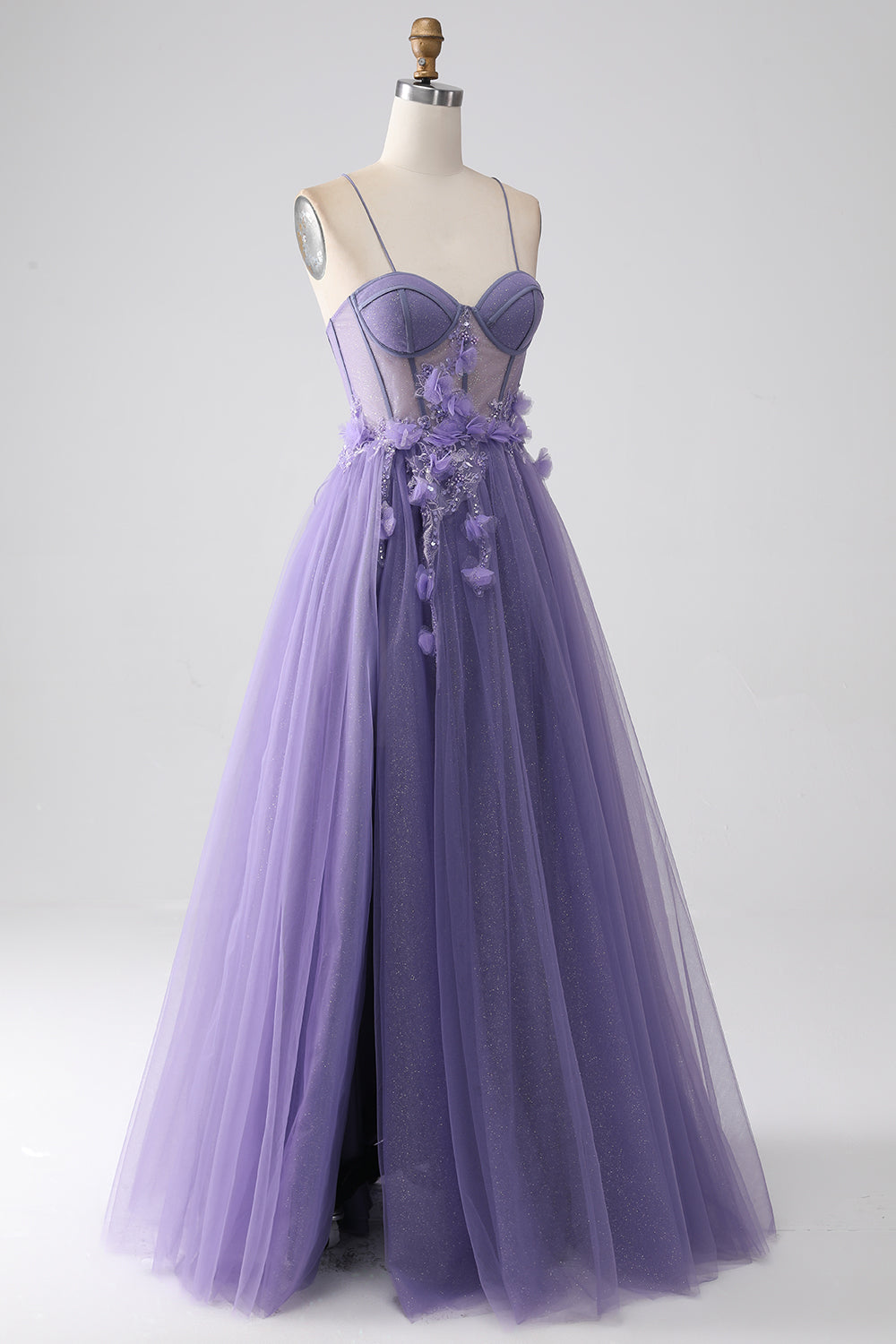 Robe de bal violette trapèze à fines bretelles et corset avec fleurs 3D
