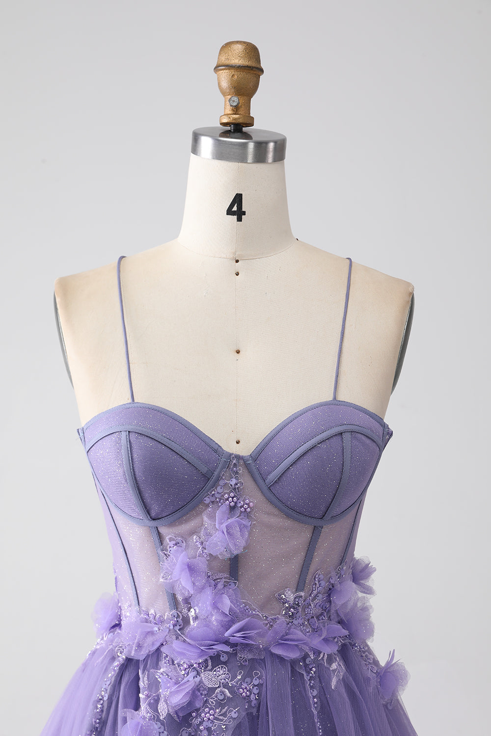 Robe de bal violette trapèze à fines bretelles et corset avec fleurs 3D
