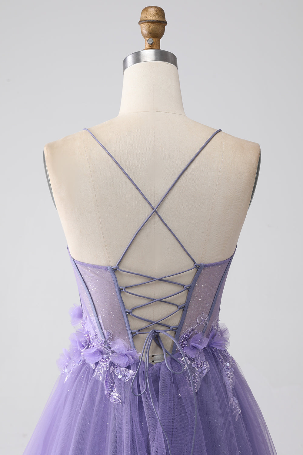 Robe de bal violette trapèze à fines bretelles et corset avec fleurs 3D