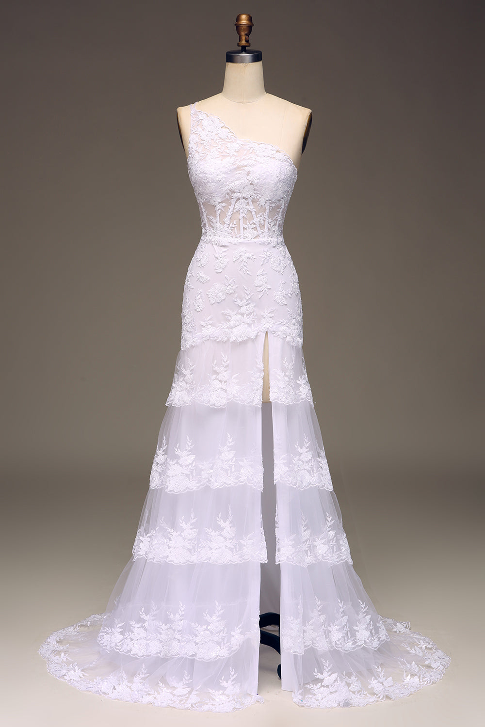 Robe de bal longue une épaule en dentelle étagée bleu marine foncé pailletée avec fente
