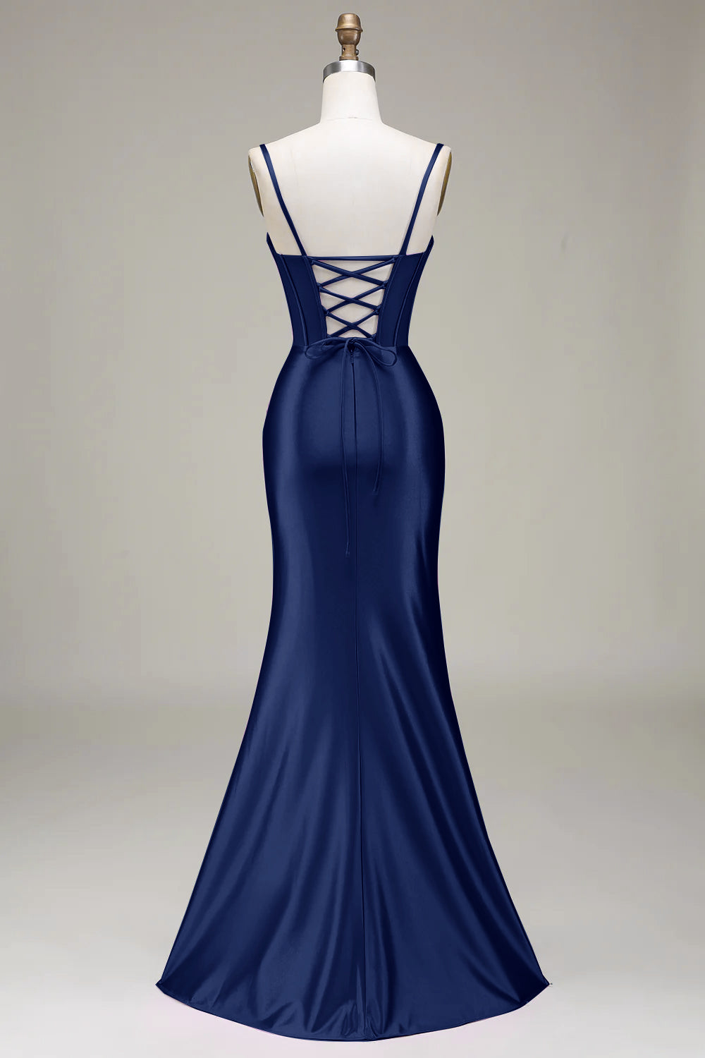 Robe de bal sirène élégante avec bretelles fines, corset violet et fente avant