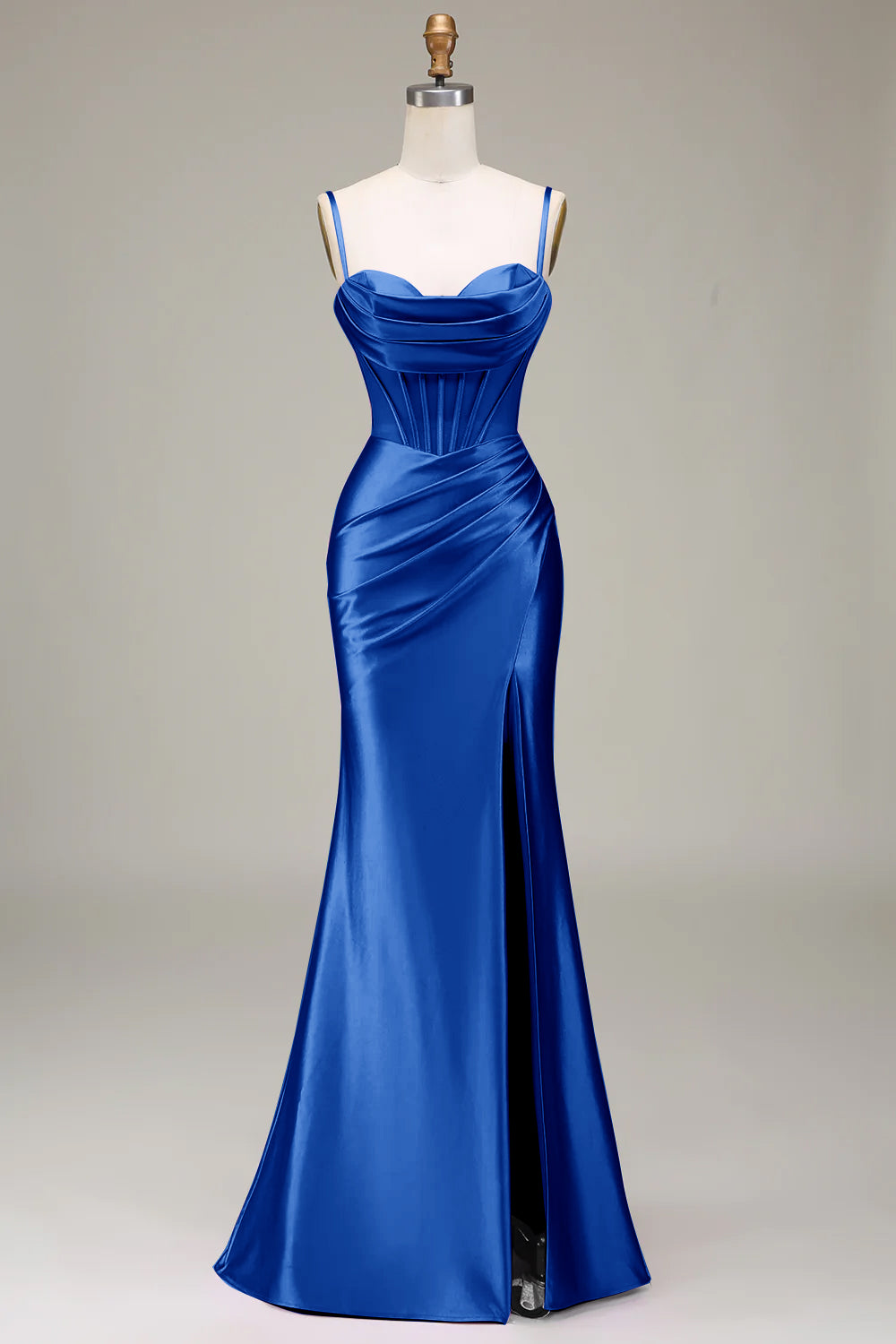 Robe de bal sirène élégante avec bretelles fines, corset violet et fente avant