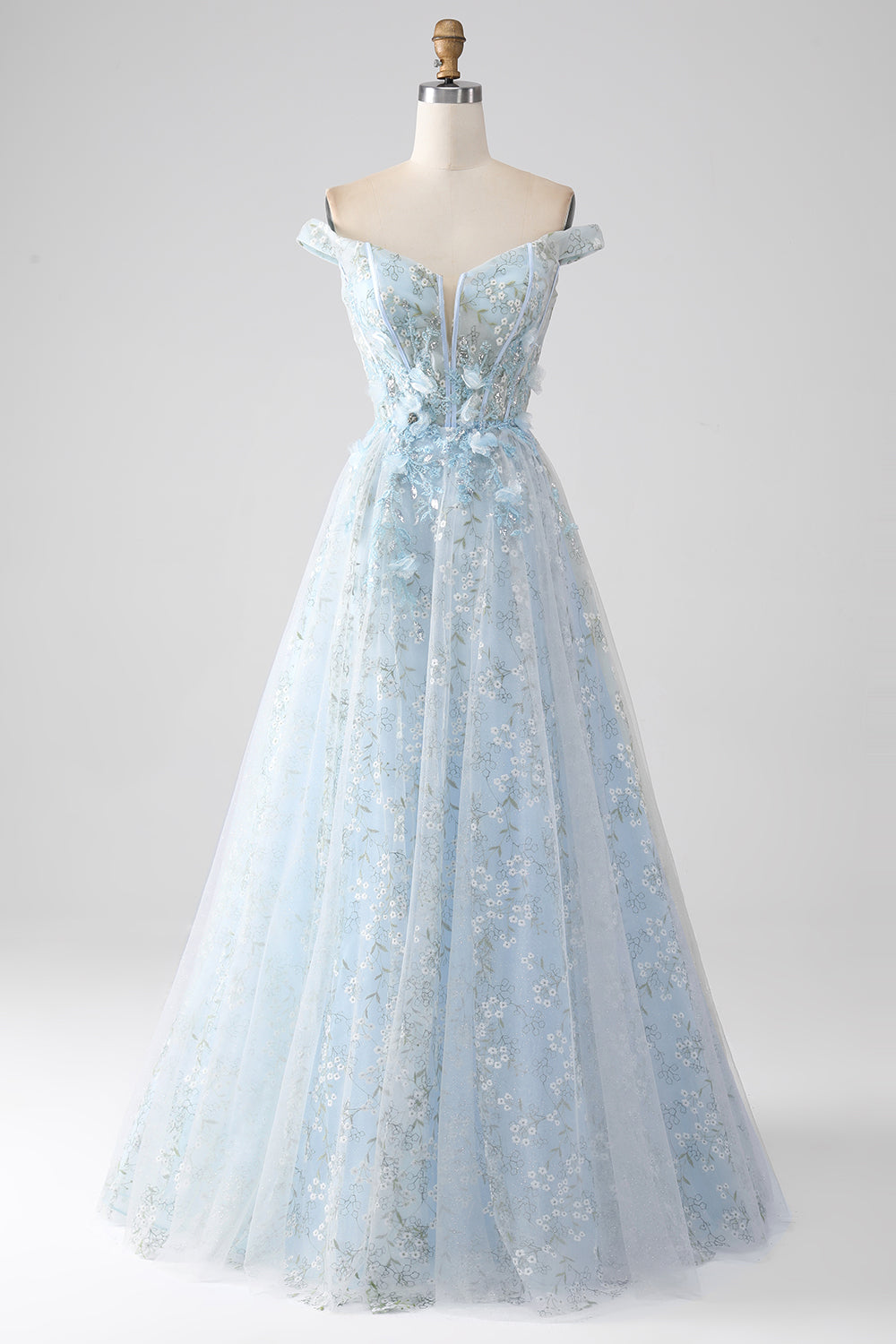 Robe de bal longue corset ligne A bleu clair avec épaules dénudées