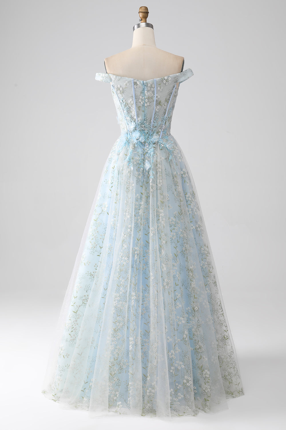 Robe de bal longue corset ligne A bleu clair avec épaules dénudées