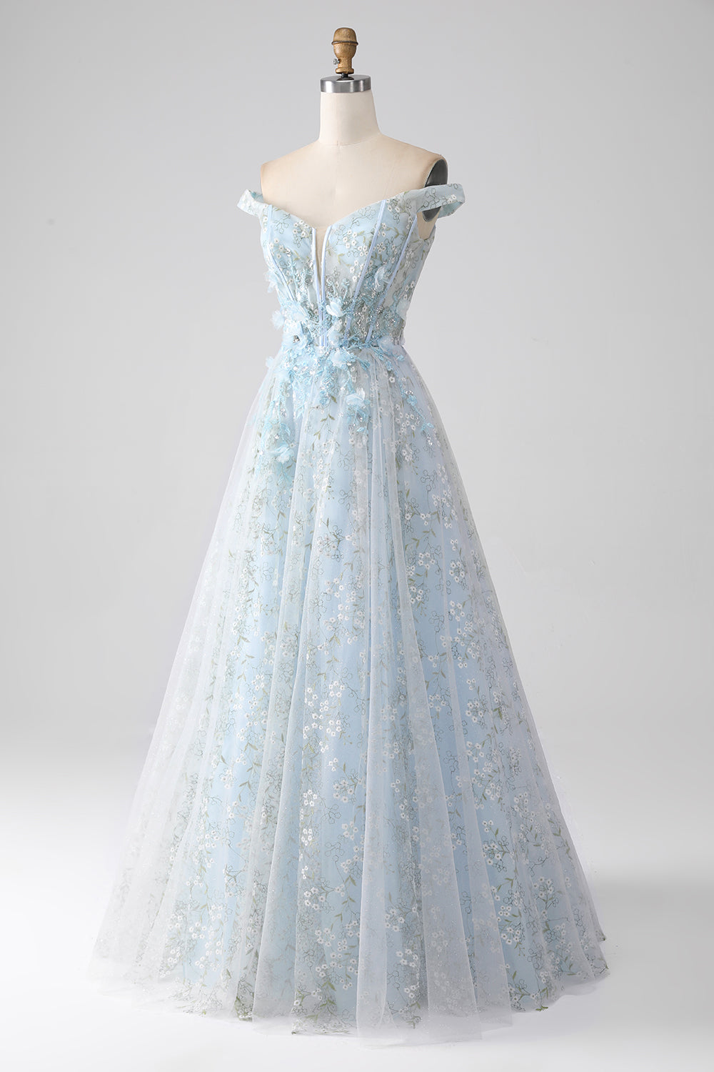 Robe de bal longue corset ligne A bleu clair avec épaules dénudées