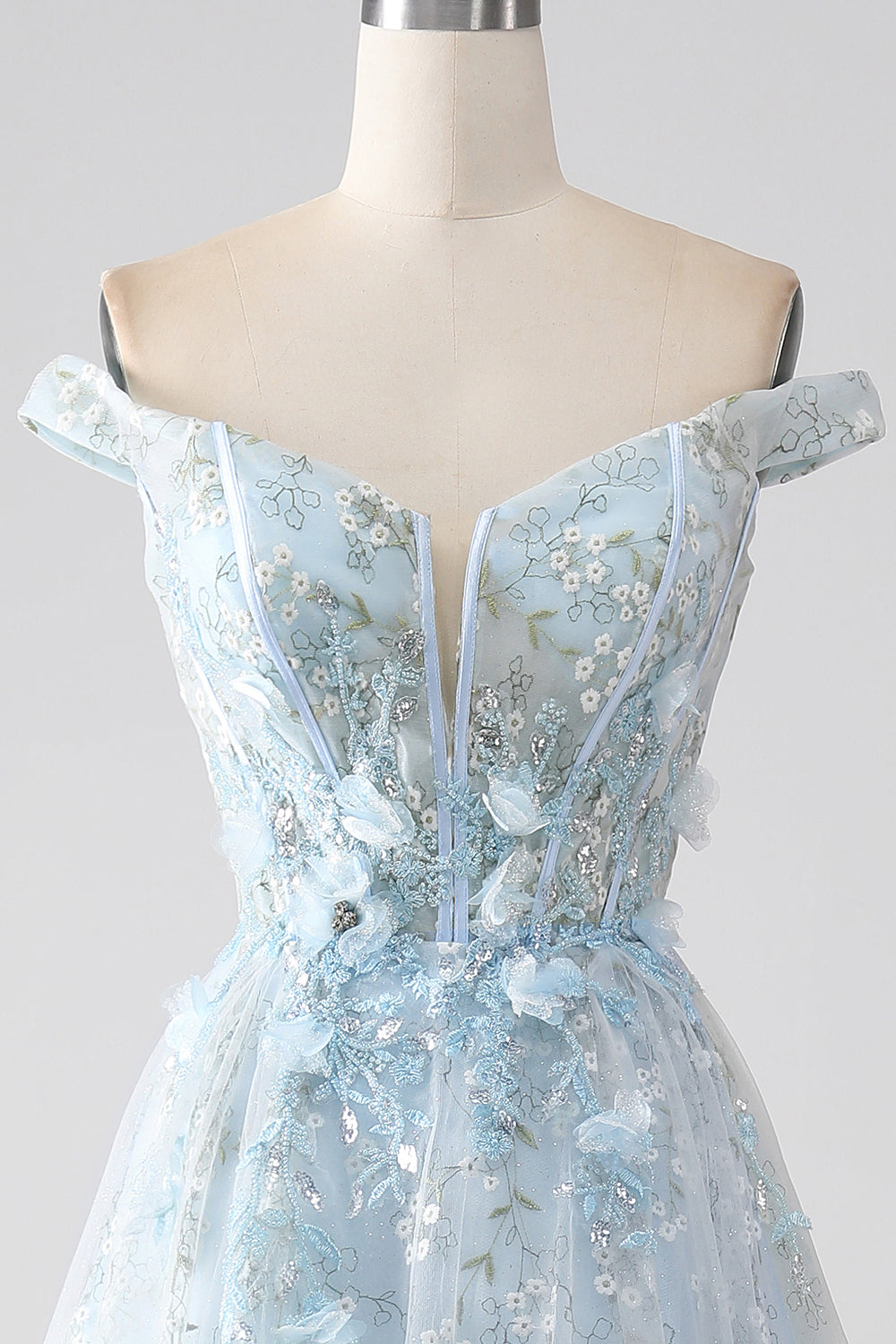 Robe de bal longue corset ligne A bleu clair avec épaules dénudées
