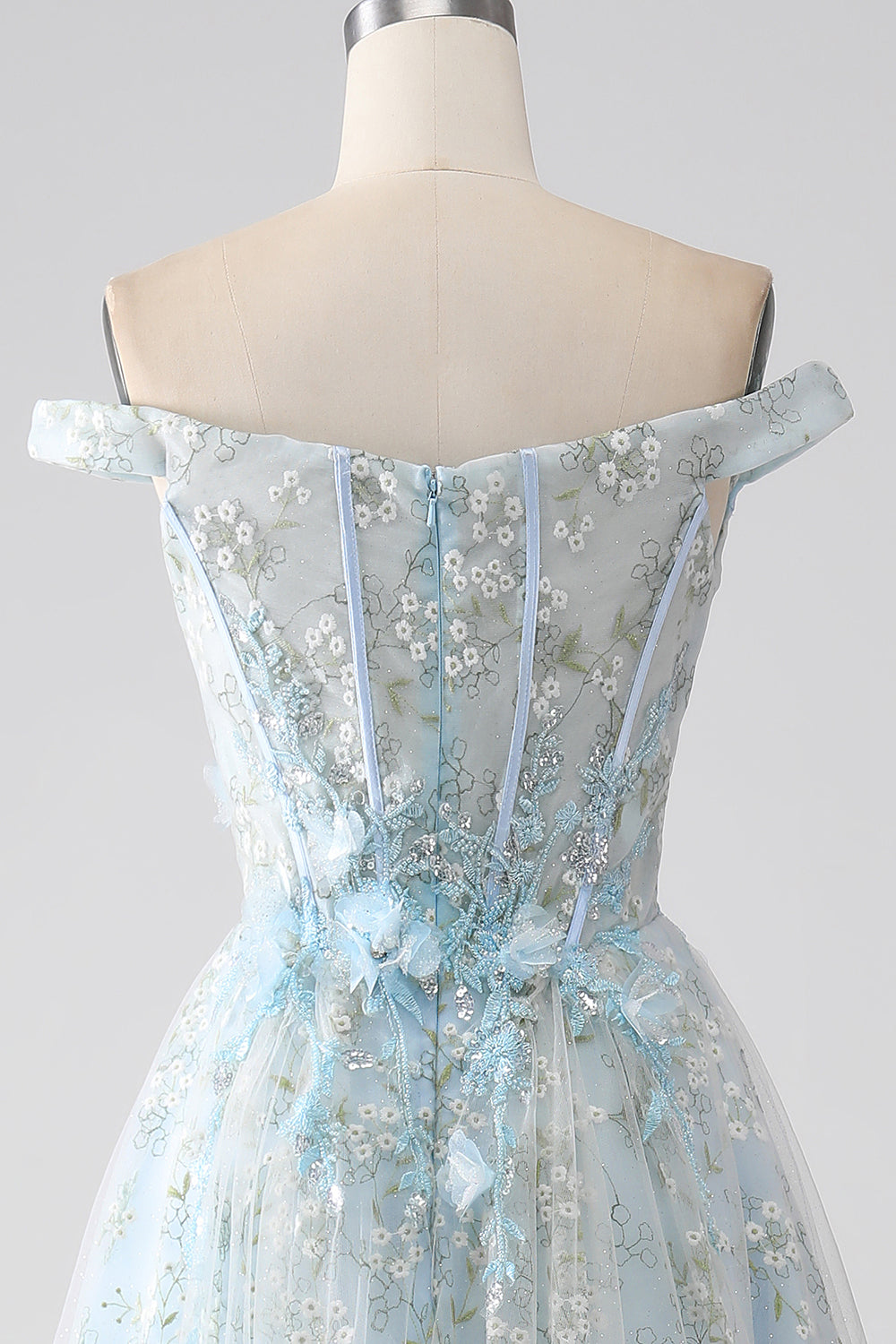 Robe de bal longue corset ligne A bleu clair avec épaules dénudées
