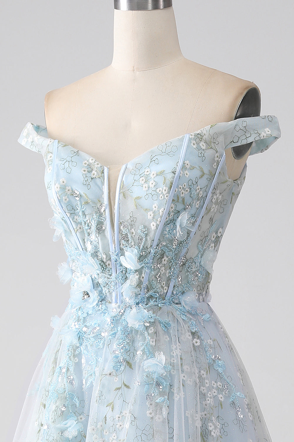 Robe de bal longue corset ligne A bleu clair avec épaules dénudées