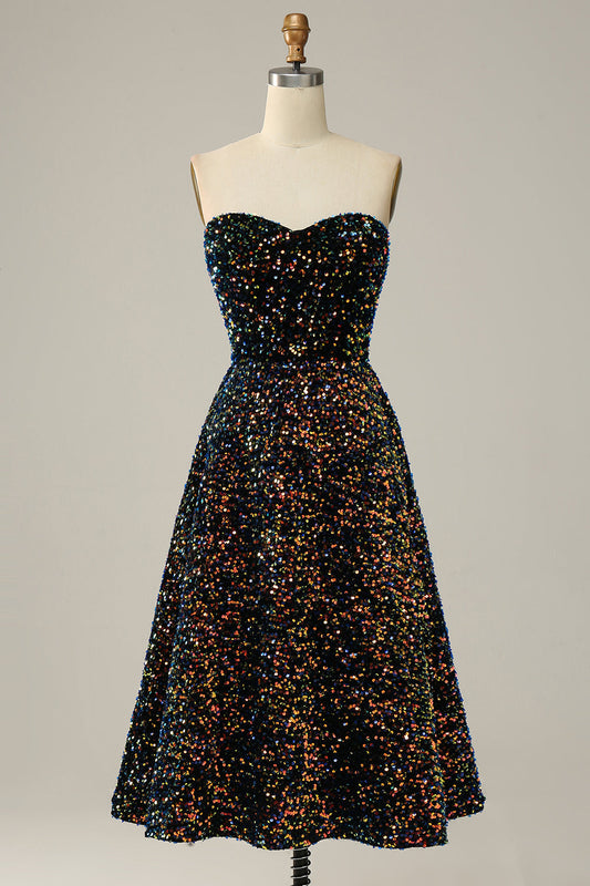 A-Line Sweetheart Black Sequined Midi Prom Dress