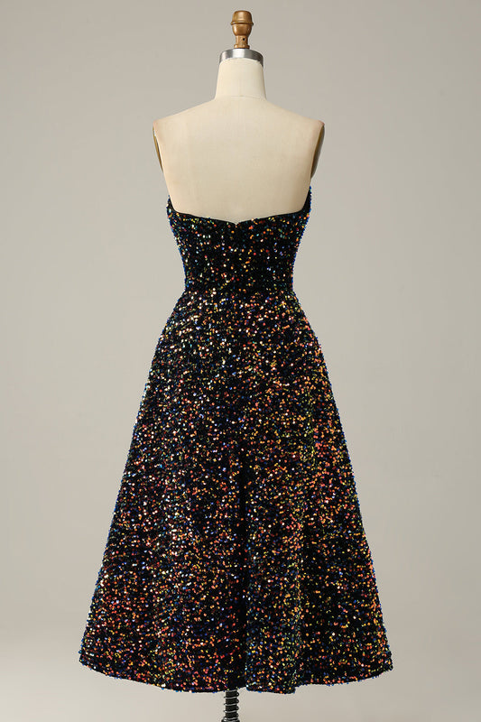 A-Line Sweetheart Black Sequined Midi Prom Dress