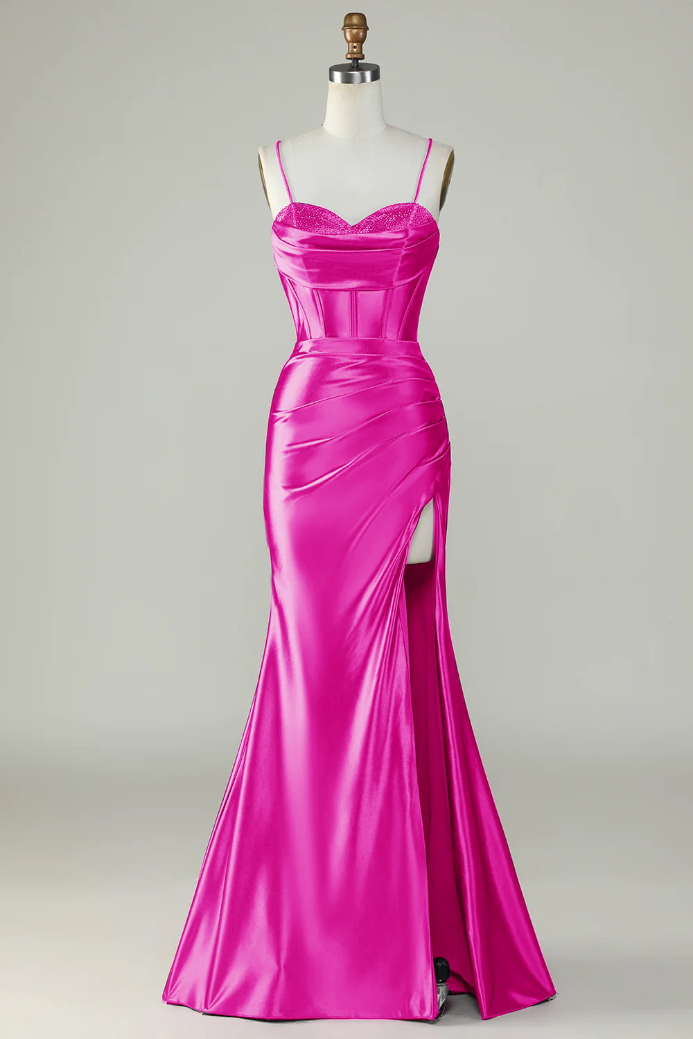 Robe de bal longue sirène bleu roi à bretelles spaghetti et fente