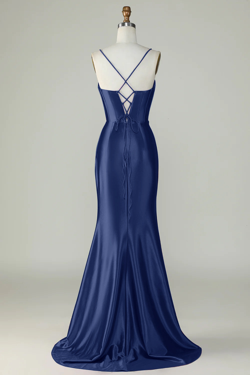 Robe de bal longue sirène bleu roi à bretelles spaghetti et fente