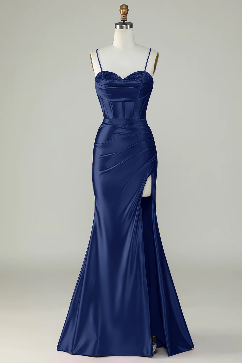 Robe de bal longue sirène bleu roi à bretelles spaghetti et fente
