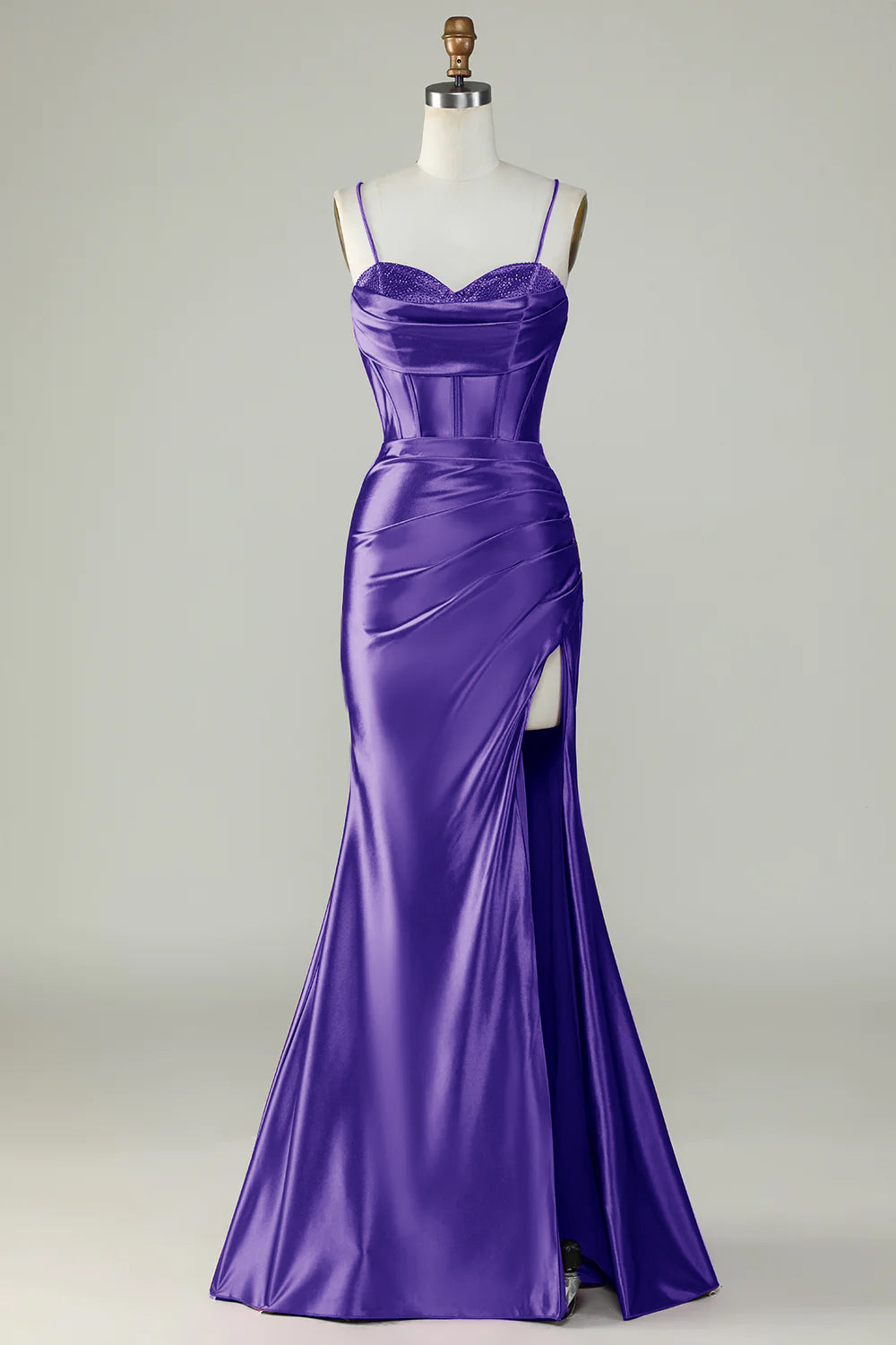 Robe de bal longue sirène bleu roi à bretelles spaghetti et fente