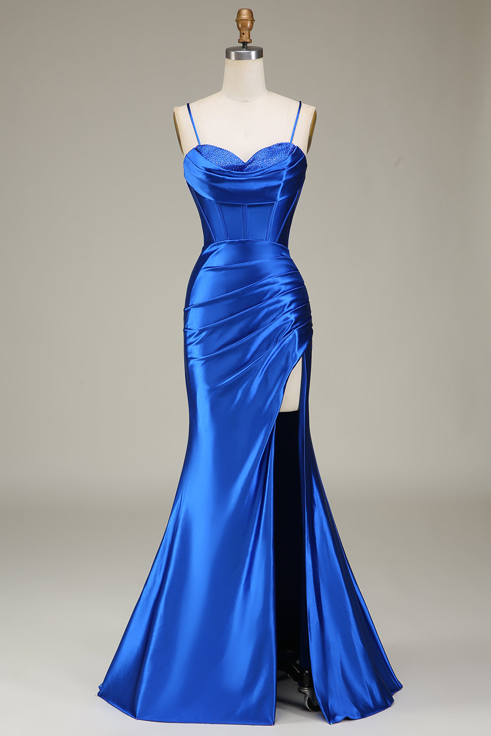 Robe de bal longue sirène bleu roi à bretelles spaghetti et fente