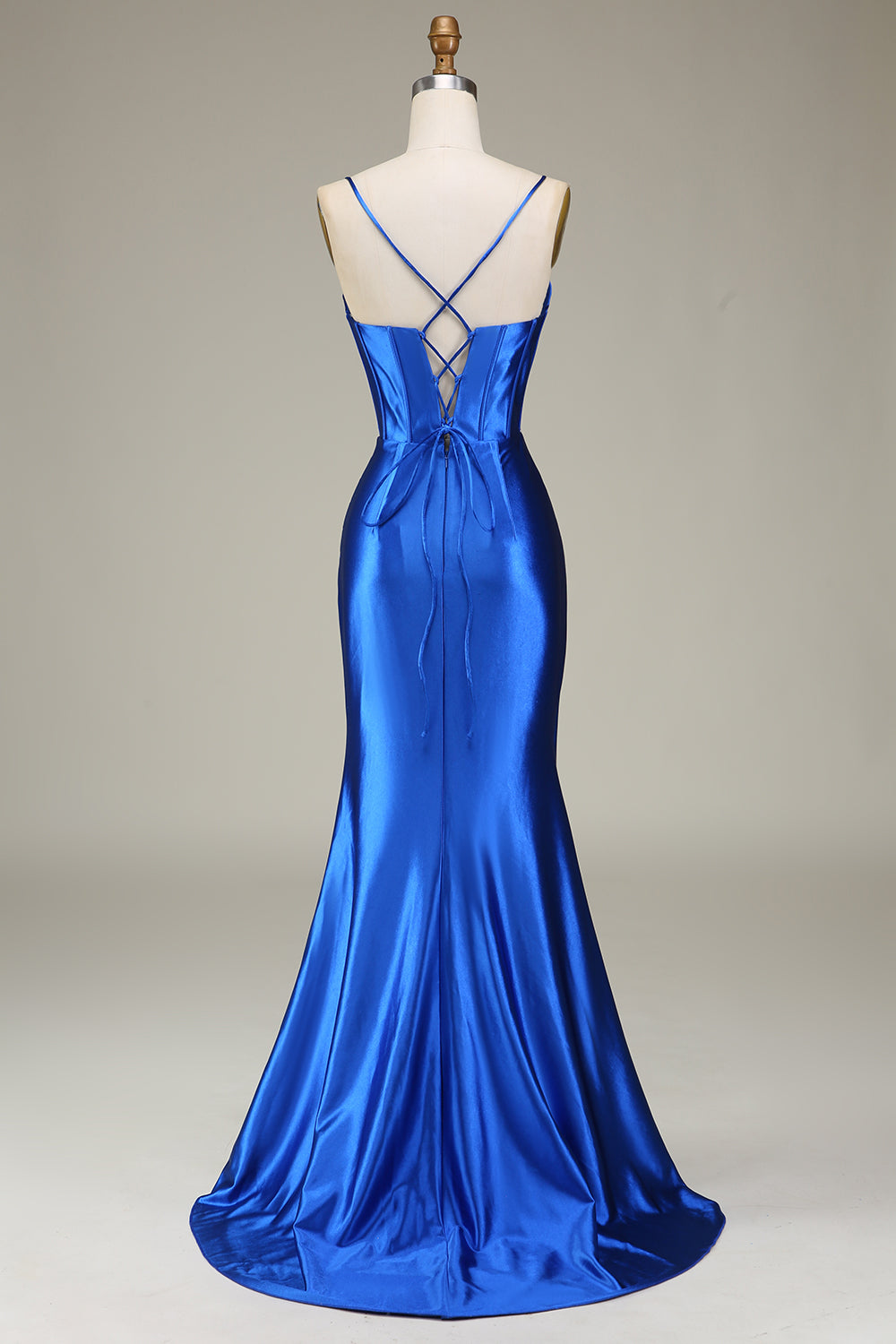 Robe de bal longue sirène bleu roi à bretelles spaghetti et fente