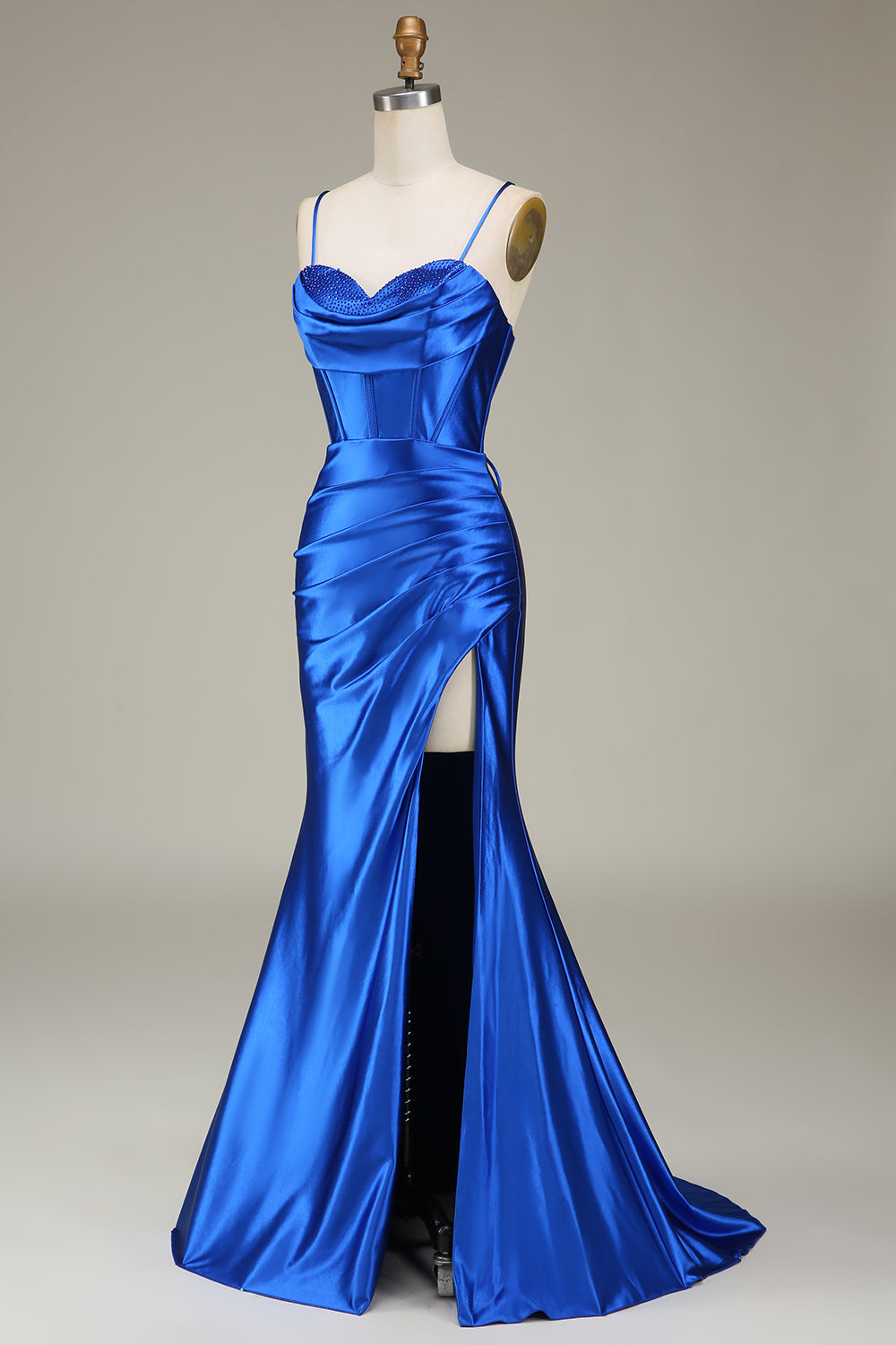 Robe de bal longue sirène bleu roi à bretelles spaghetti et fente