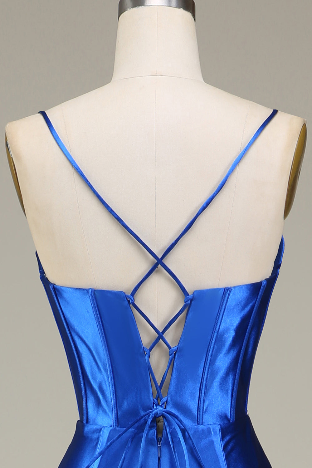 Robe de bal longue sirène bleu roi à bretelles spaghetti et fente