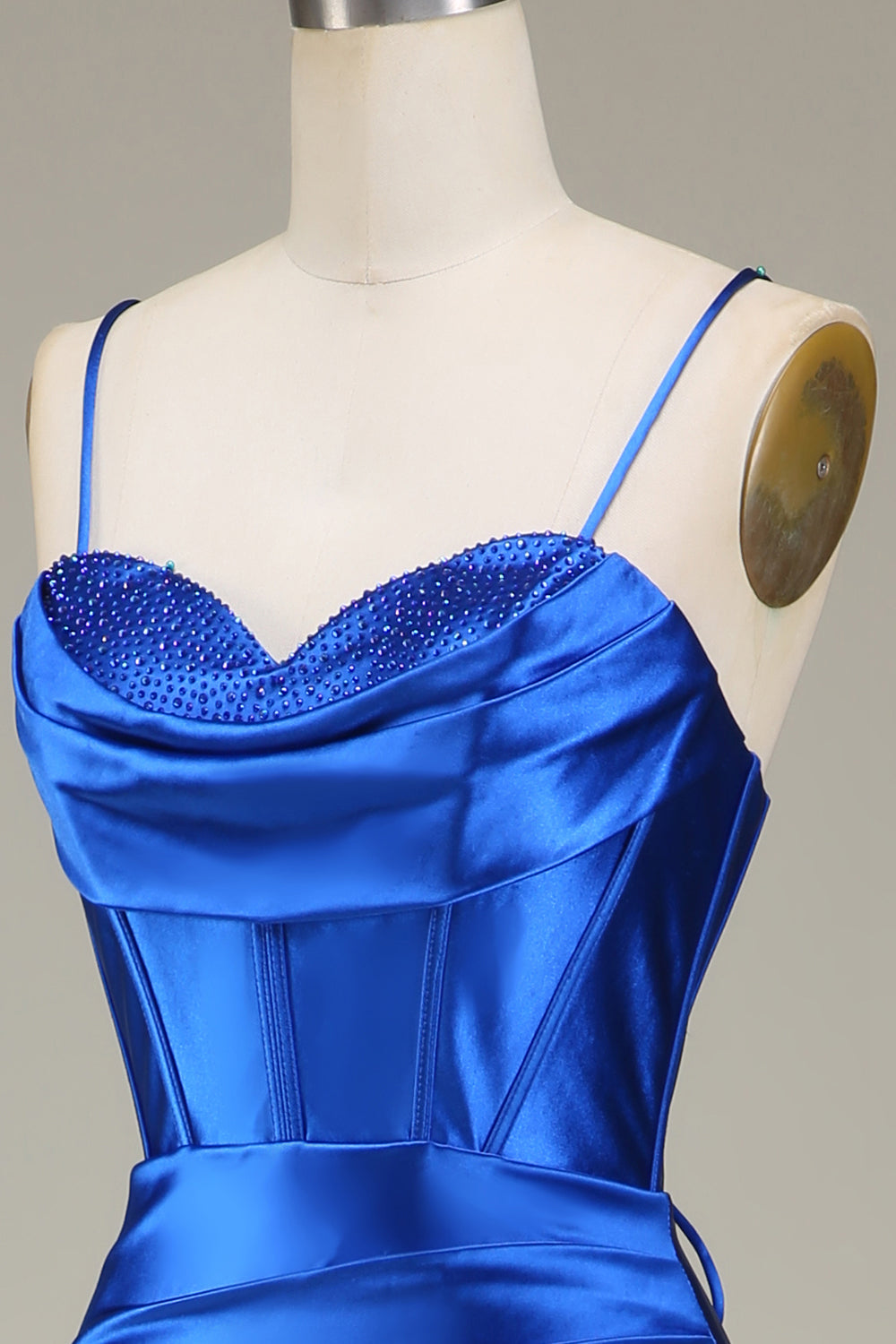 Robe de bal longue sirène bleu roi à bretelles spaghetti et fente