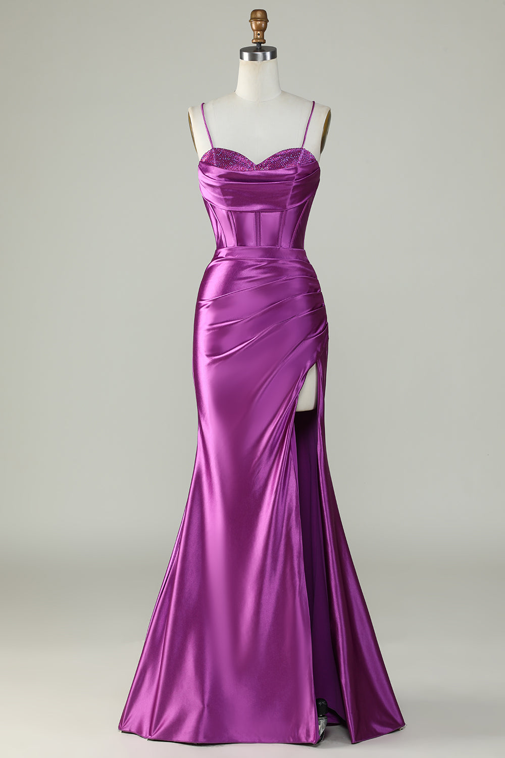 Robe de bal longue sirène bleu roi à bretelles spaghetti et fente
