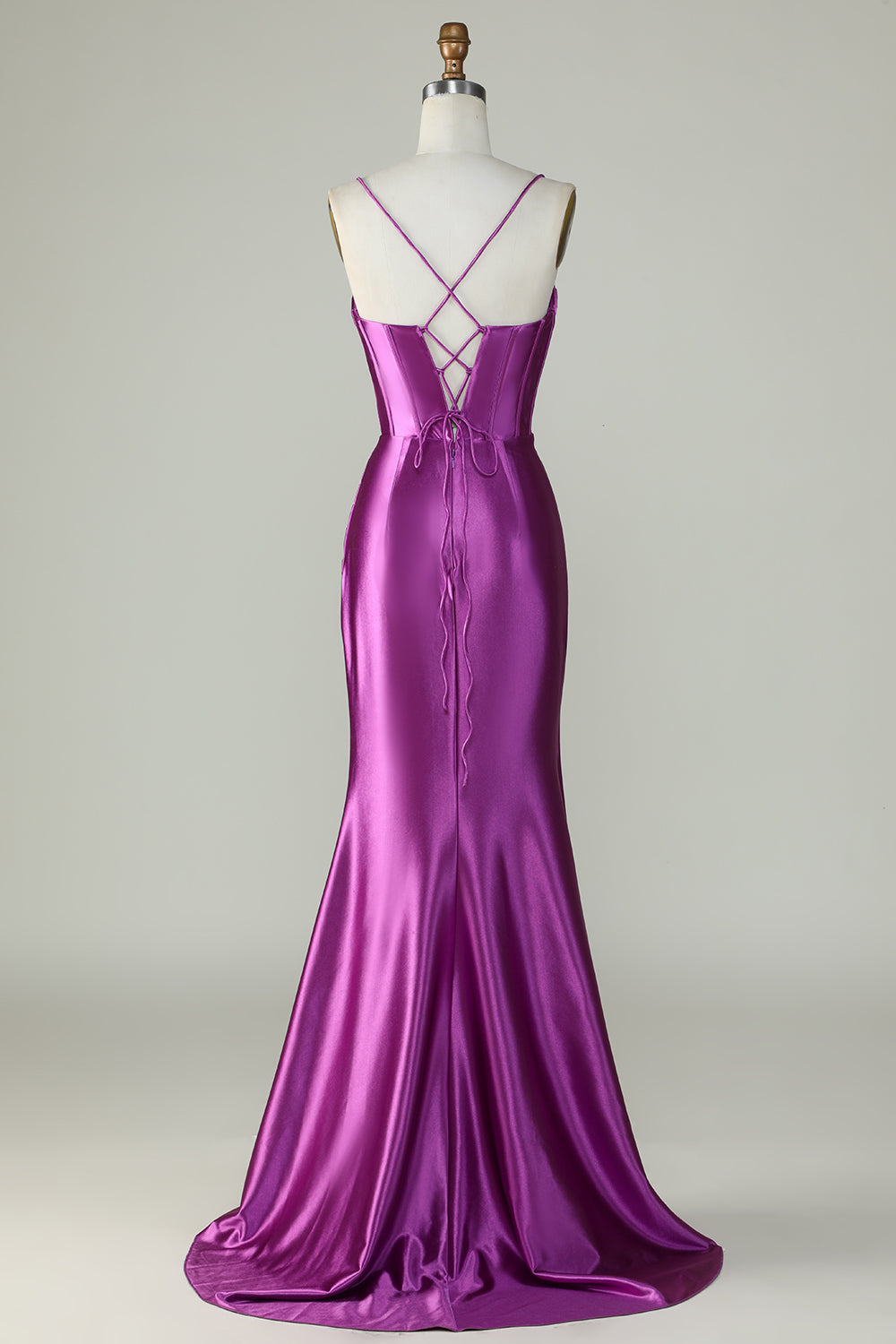 Robe de bal longue sirène bleu roi à bretelles spaghetti et fente