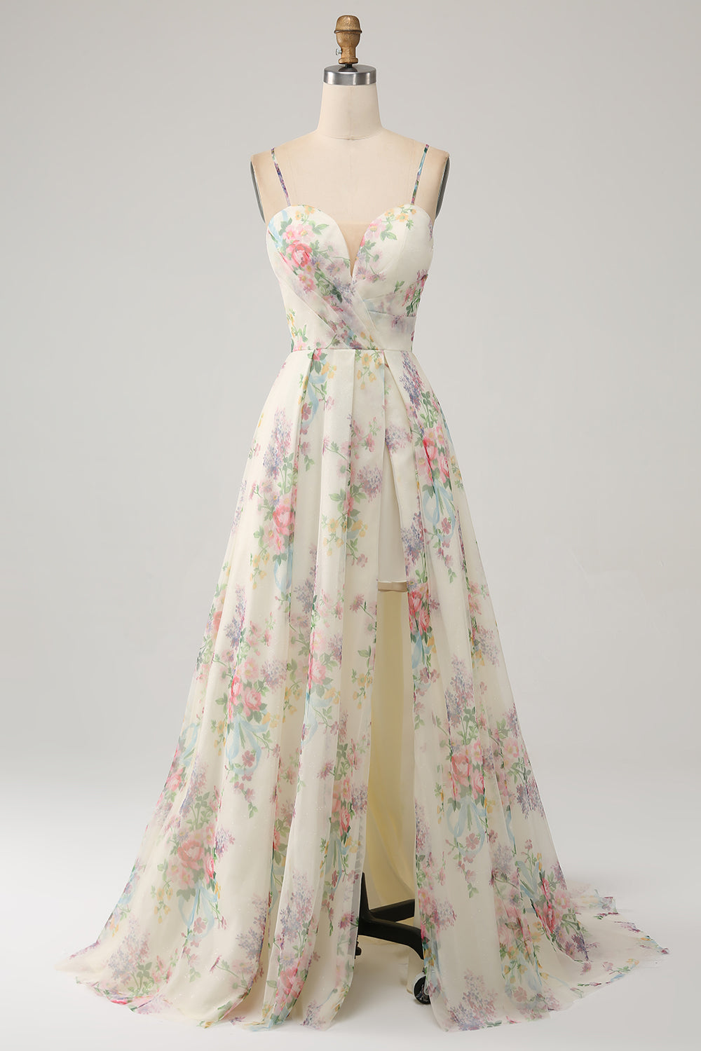 Robe de bal évasée fendue ivoire à imprimé floral