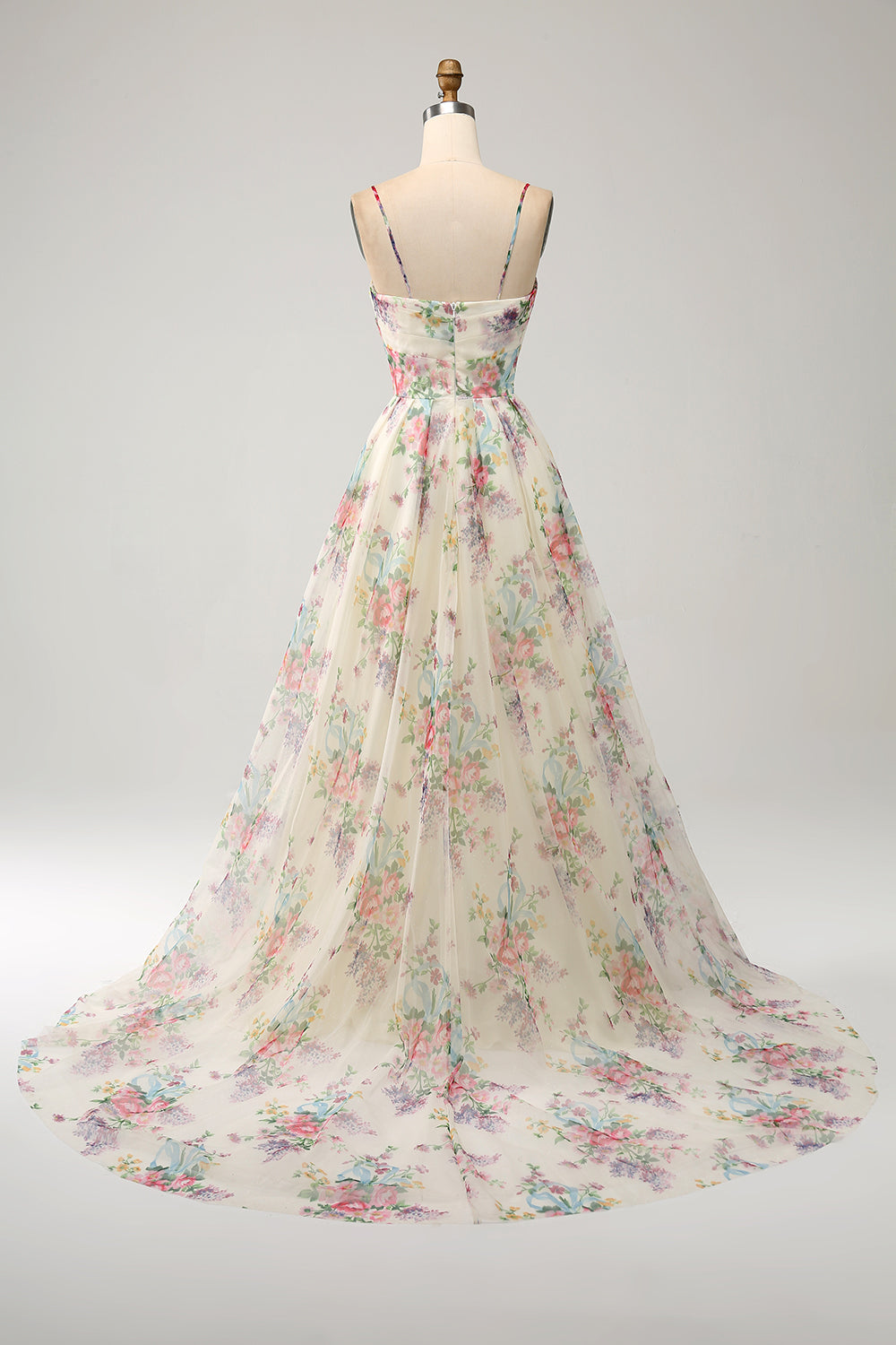 Robe de bal évasée fendue ivoire à imprimé floral