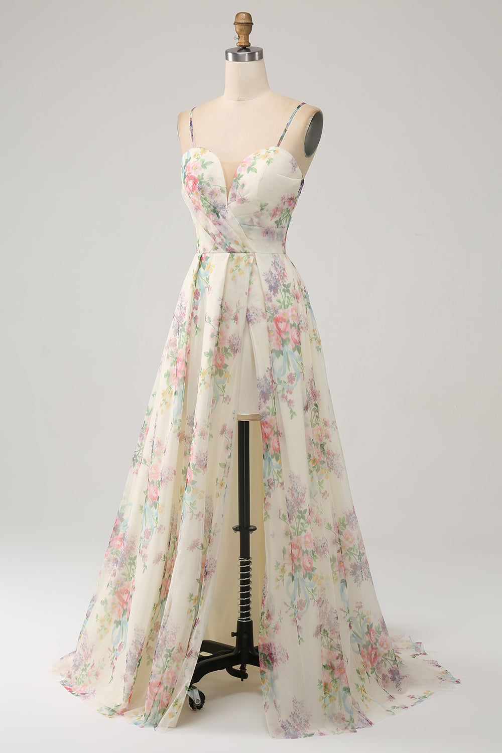 Robe de bal évasée fendue ivoire à imprimé floral