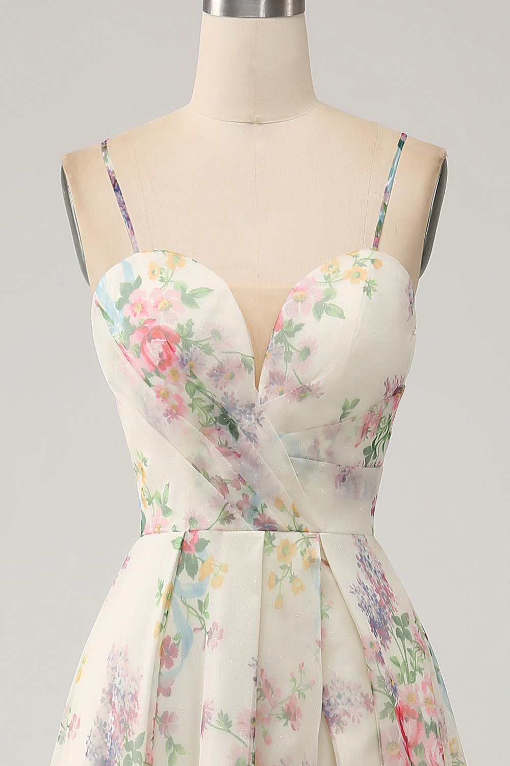 Robe de bal évasée fendue ivoire à imprimé floral